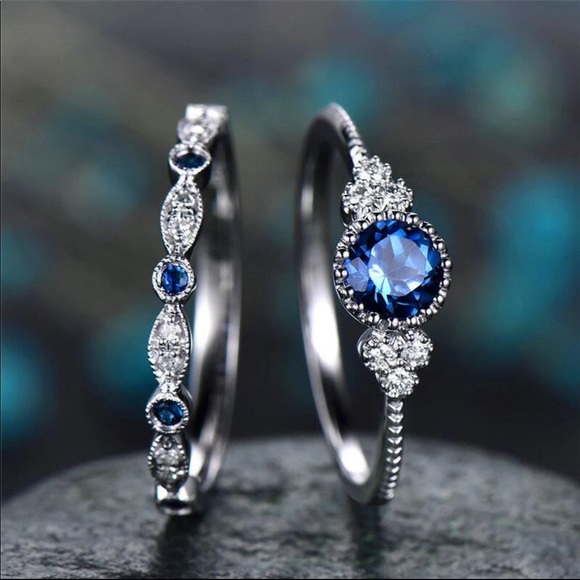 Jewelry - 2 Pcs/Set Luxury Crystal Blue Ring